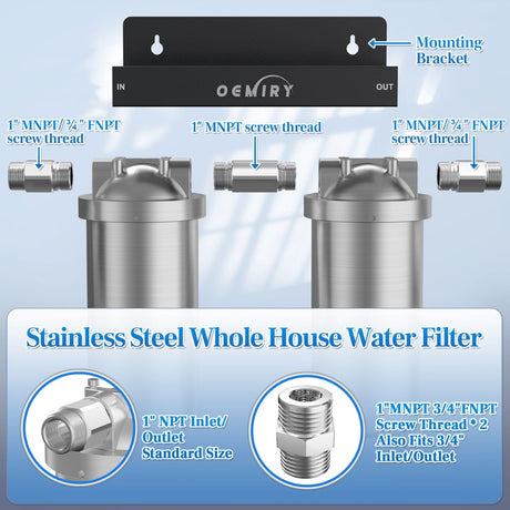 OEMIRY Whole House Water Filter, Stainless Steel Filter Housing, 2-Stage 10"x4.5" Sediment Carbon Filter Pre-Filtration System for Well or City Water, 1" or 3/4" NPT Port, 2 Filters