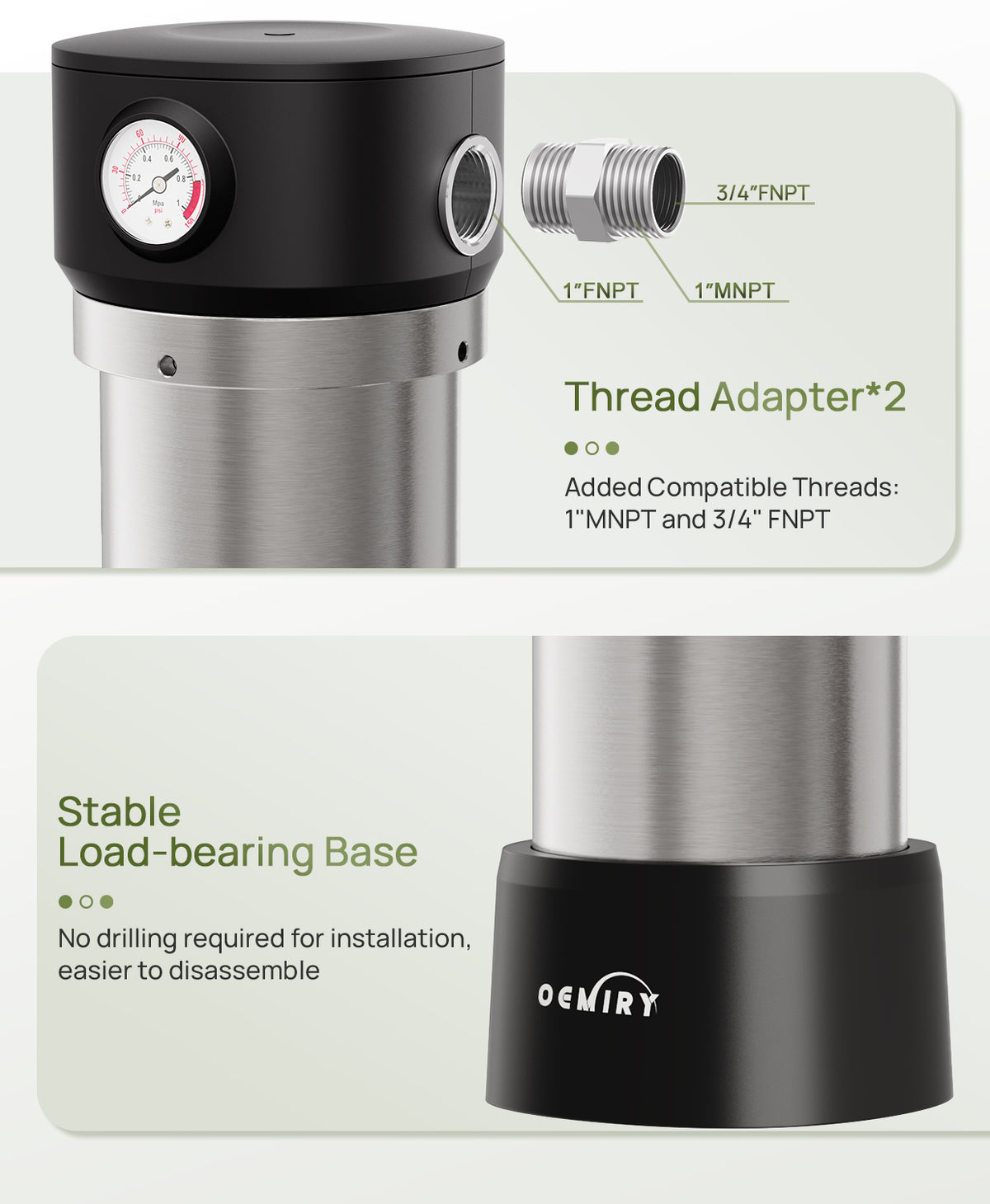 Whole House Water Filter, Stainless Steel Housing Home Pre-Filtration with Pressure Gauge for Well or City Water, 1" or 3/4" NPT Port, 1 Filter
