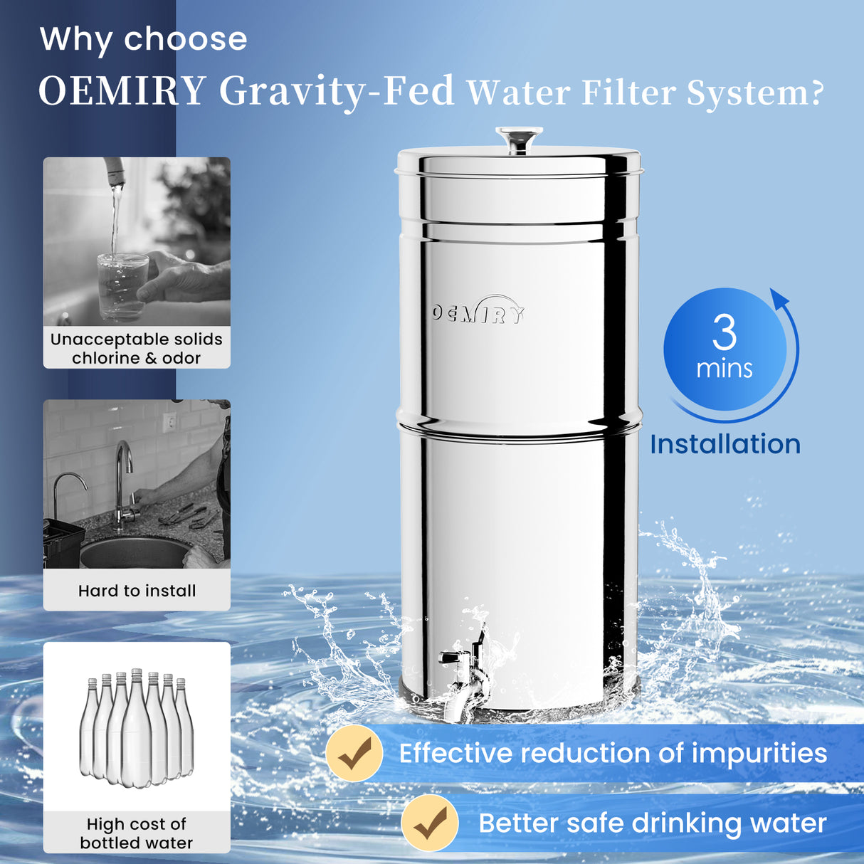 2.25G Gravity Water Filter System, 304 Stainless Steel Countertop System with 2 Carbon Filters