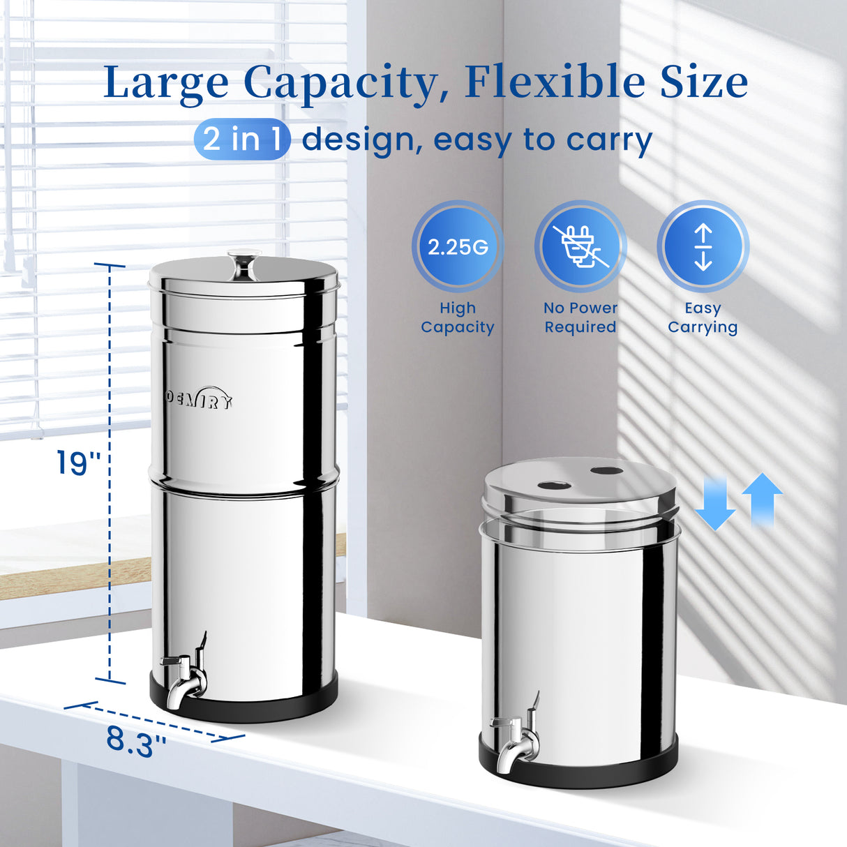 2.25G Gravity Water Filter System, 304 Stainless Steel Countertop System with 2 Carbon Filters