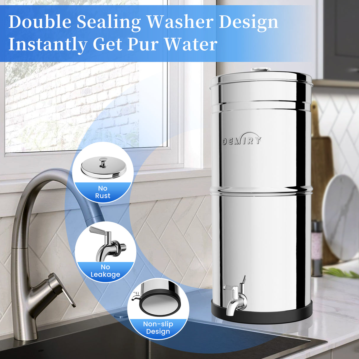 2.25G Gravity Water Filter System, 304 Stainless Steel Countertop System with 2 Carbon Filters