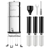 3.25G Gravity-Fed Water Filter System, 304 Stainless Steel System with 3 Carbon Filters, 3 Fluoride Filters and Stand