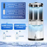 3.25G Gravity-Fed Water Filter System, 304 Stainless Steel System with 3 Carbon Filters, 3 Fluoride Filters and Stand