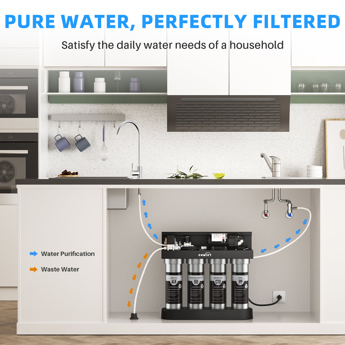 Alkaline UV Reverse Osmosis System Stainless Steel 500 GPD Tankless RO Water Filter 8 Stage Remineralization Under Sink Water Filtration with Faucet 2:1 Pure to Drain