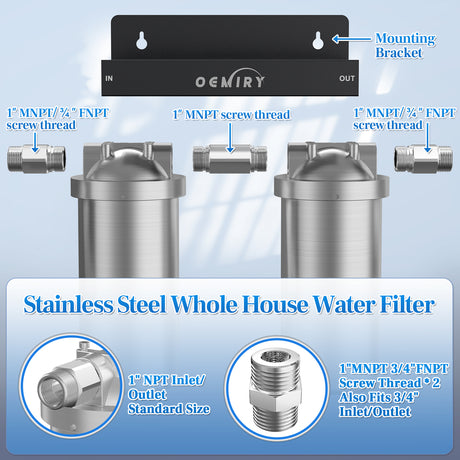Whole House Water Filter, Stainless Steel Filter Housing, 2-Stage 10"x4.5" Sediment Carbon Filter Pre-Filtration System for Well or City Water, 1" or 3/4" NPT Port, 2 Filters