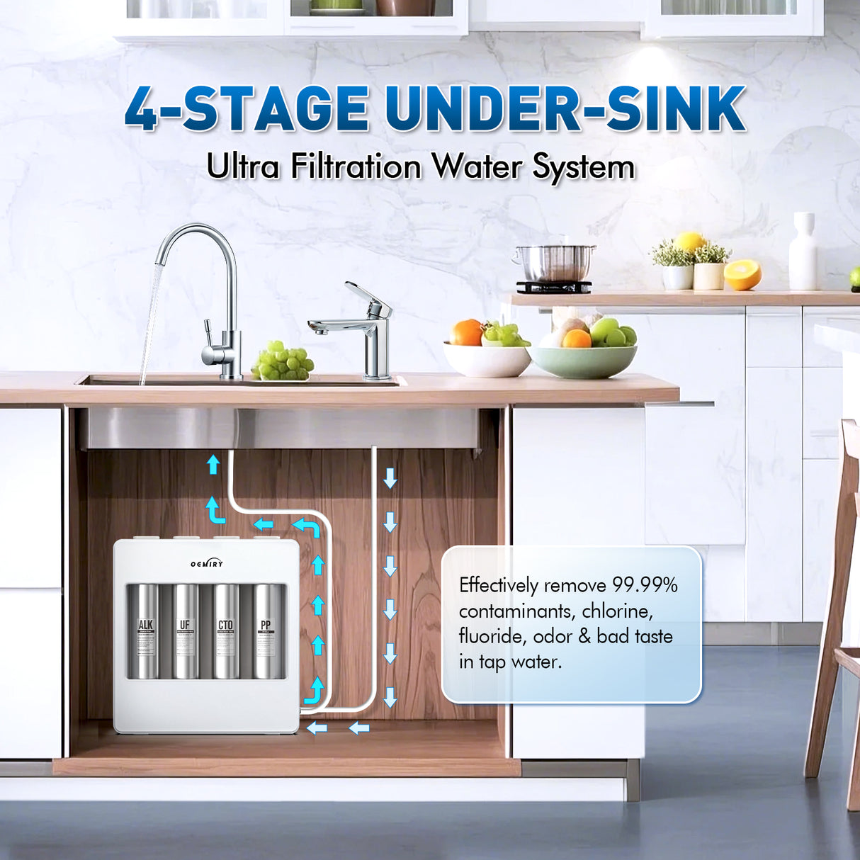 0.01μm Ultra Filtration Under Sink Water Filter, Tankless Alkaline Remineralization 4-Stage Water Filtration System with Faucet, Remove 99.99% Contaminants, Chlorine, Fluoride, Odor & Bad Taste
